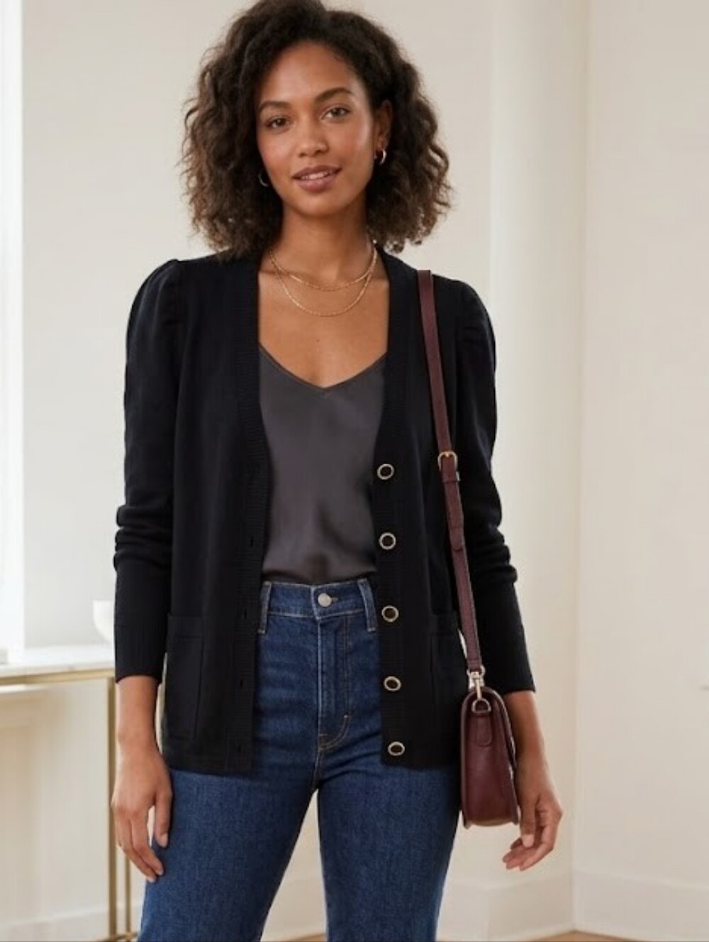 Greige Black Puff Sleeve Cardigan